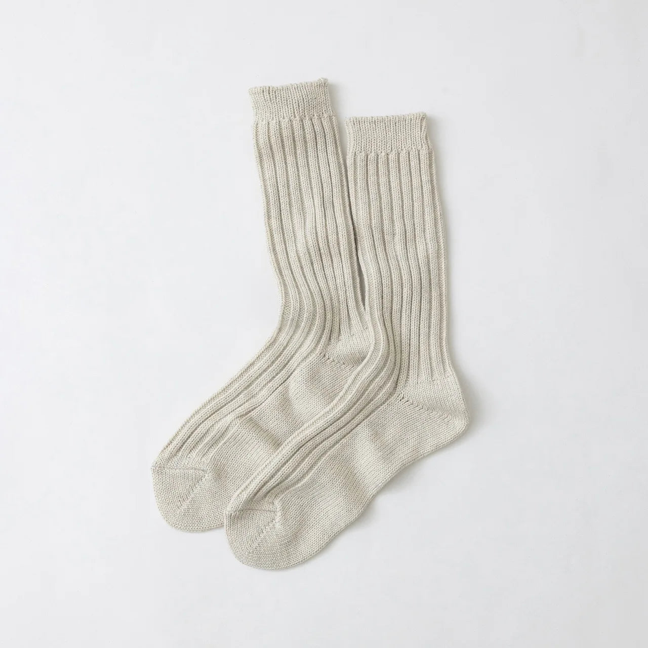 Ribbed beige white cotton crew sock